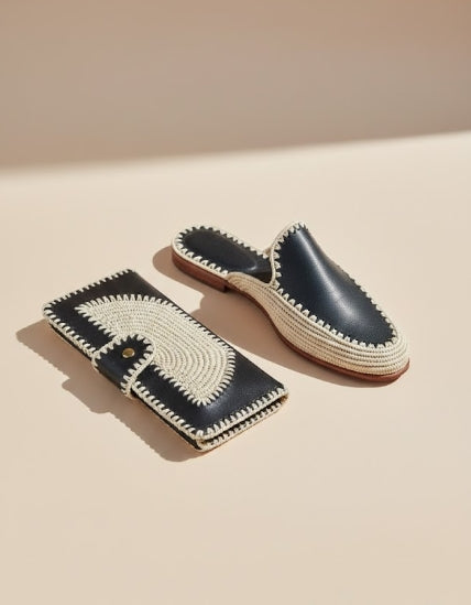 Babouches et Pochette en Cuir et Raphia Marocain