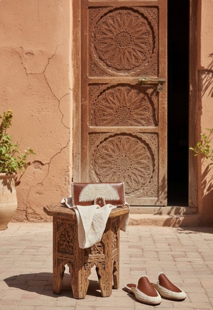 Babouches et Pochette en Cuir et Raphia Marocain