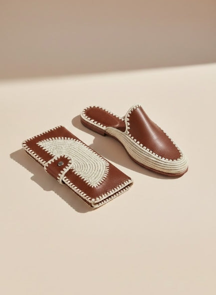 Babouches et Pochette en Cuir et Raphia Marocain