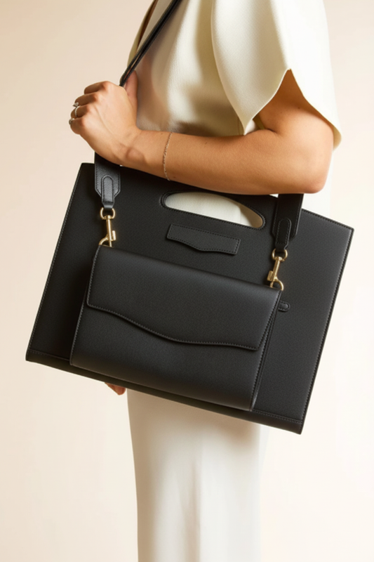 Pochette PC avec bandoulière en cuir noir