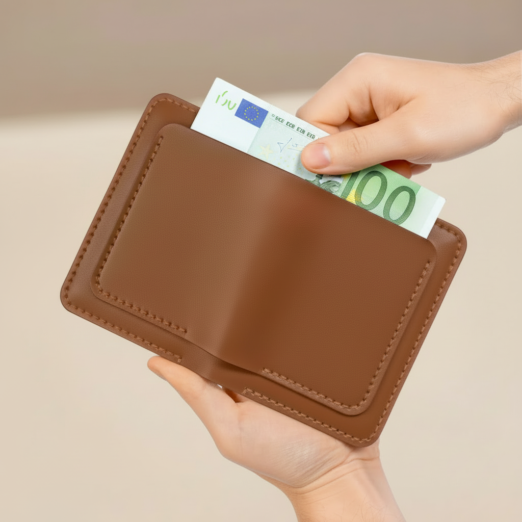 Portefeuille en cuir marron avec euros