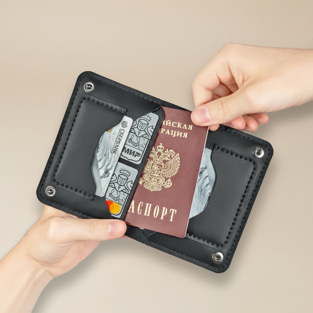 Portefeuille noir avec passeport - fond style babouche