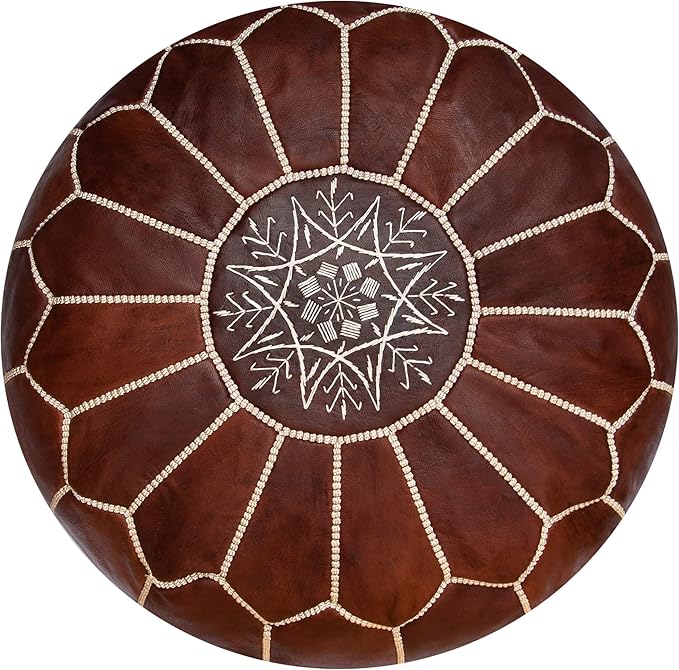 Pouf marocain en cuir fait main avec coutures blanches
