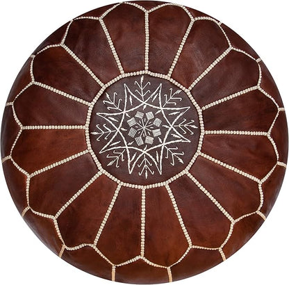 Pouf marocain en cuir fait main avec coutures blanches