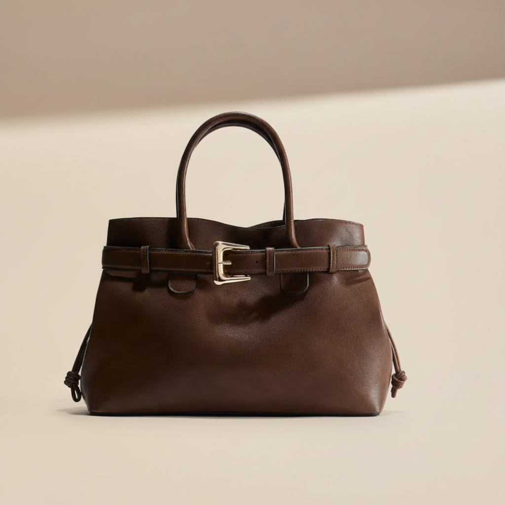 Sac marron sur fond beige/crème